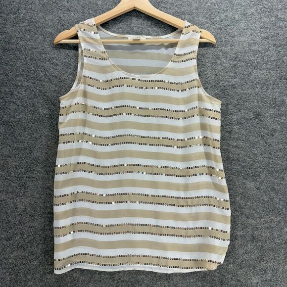 Loft Blouse Women S Small Beige Striped Sequin Sleeveless Wide Strap Casual - Picture 1 of 7